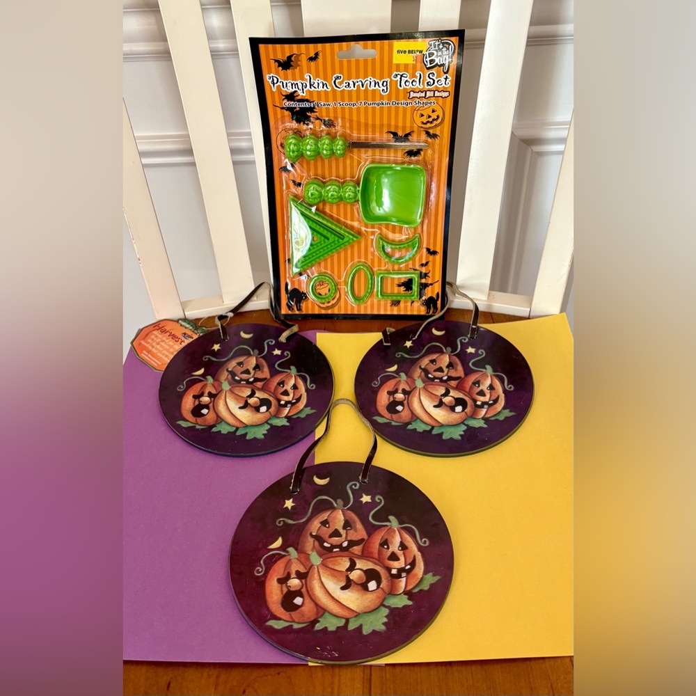Halloween Fall Glass backed Hanging Decor NWT & Pumpkin Carving Tools NWOT